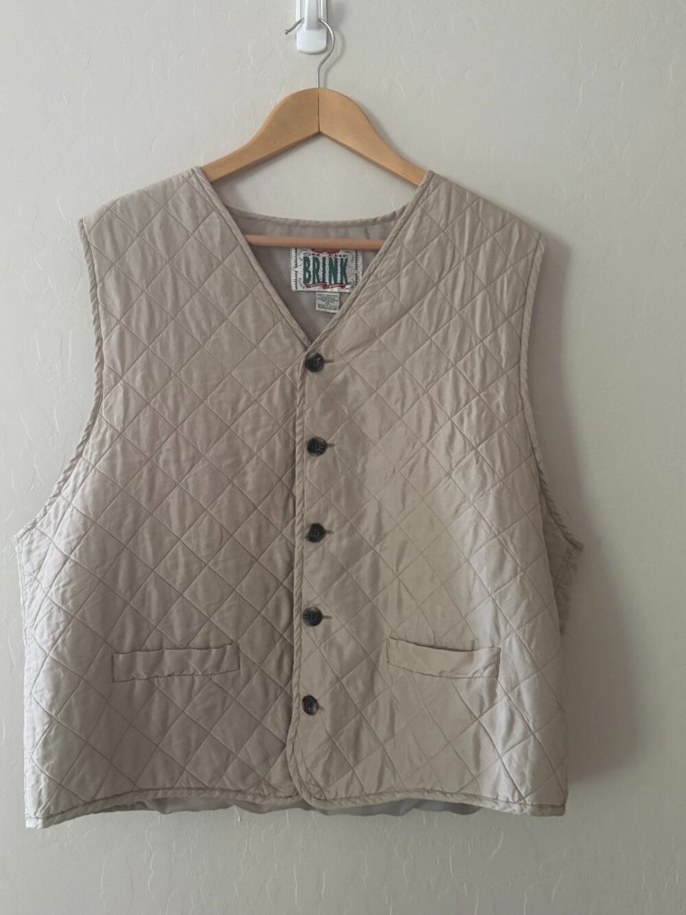 Vintage On The Brink 100% Silk Quilted Vest Beige Taupe XL Oversized Unisex